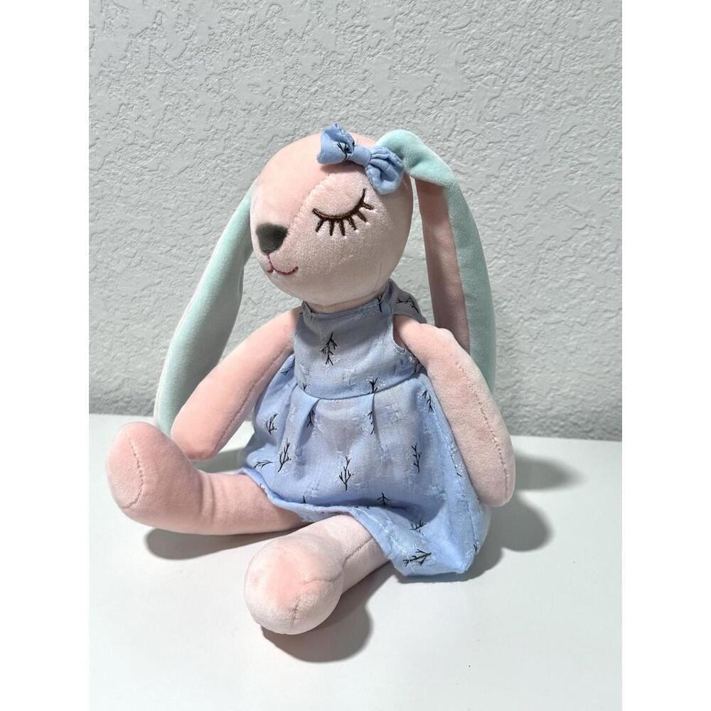 Unbranded Kids Girl Bunny Stuffed Animal Pink Easter Bunny Blue Dress Floral Bow - Picture 5 of 7